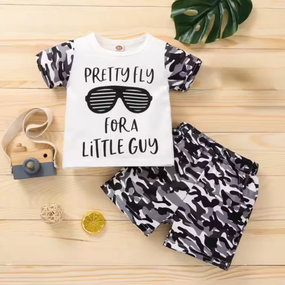 Pretty Fly For A Little Guy Toddler Boy Summer Outfit Camo Shorts & Graphic Tee